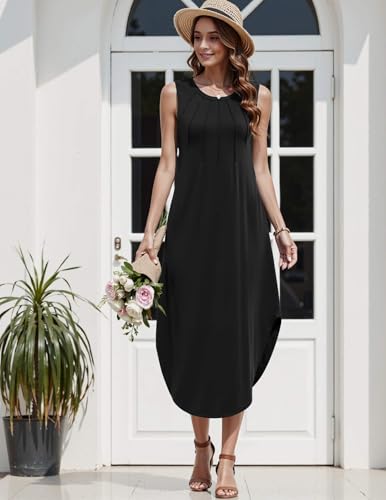 Image of Zeagoo Women Floral Summer Casual Beach Printed Tank Dress with Pockets Pleated Front Long Dress