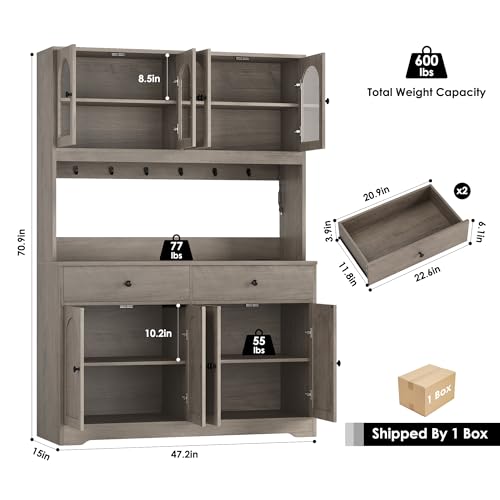 HIFIT 71\" LED Kitchen Pantry Cabinet with Power Outlet, Large Kitchen Hutch Storage Cabinet with Arched Door, Shelves, 2 Drawer, Tall Farmhouse Coffee Bar w/Hutch for Home Dining Living Room, Ash Grey - Thumbnail 3
