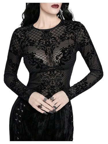 RoseSeek Women's Gothic Panel Flocked Mesh Tops Crew Neck Long Sleeve T Shirts Club Y2k Tops Black Medium