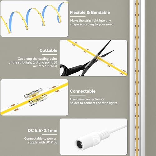 Image of MIWISE COB LED Strip Light,24V 3000K Warm White LED Strip Lights,32.8ft UL-Listed Super Bright Flexible LED Strip,Dotless High Density Cuttable for Cabinet Bedroom DIY Projects(No Adapter&Controller)