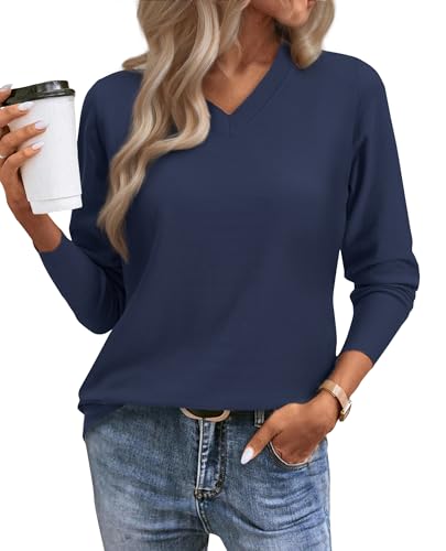 Image of Women's Spring Sweaters 2026 Casual Long Sleeve Pullover V Neck Lightweight Sweatshirts Cute Blouse Tops