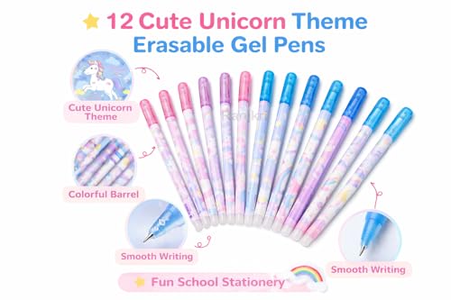 Image of 12 Pcs Unicoorn Theme Erasable Gel Pens Set for Kids & Students | 0.5mm Smooth Writing Blue Ink | Cute Kawaii School Stationery | Write Erase Rewrite Pens with Storage Box for School