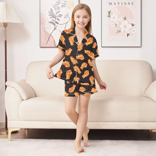 ALAZA Yellow Fried Meat Black Satin Pajamas Set Short Sleeve Button Down Sleepwear Summer Pjs 2 Piece3