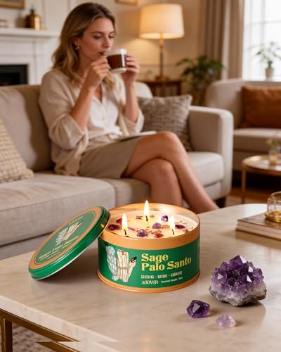 Image of AOOVOO Sage & Palo Santo Candle for Cleansing - 3 Wick 12oz Large Scented Candle with Crystals & Sage & Palo Santo Inside, Soy Candle Non-Toxic for Meditation Spiritual Healing Gift