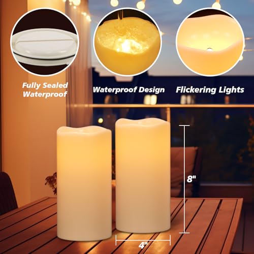 Image of GenSwin Solar Outdoor Waterproof Flameless Candles, 8 inchx4 inch Solar Rechargeable Pillar Candles, Sensor for Dusk to Dawn, for Outdoor, Lanterns, Pation Decorations(Set of 2)