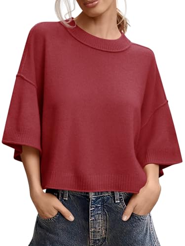 Image of Saodimallsu Womens Short Sleeve Sweater Summer Oversized Cropped Sweaters Casual Crewneck Lightweight Knit Tops