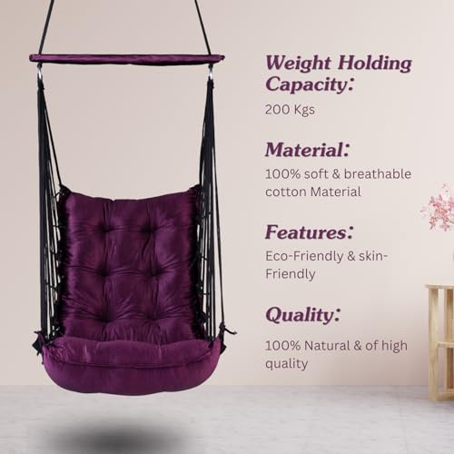 Image of Curio Centre Cotton Swinging Hammock Hanging Swing Chair /Hammock Swing for Adults & Kids /Swing for Indoor Outdoor, Garden & Patio /Durable Portable Jhula /Swing for Home - Purple