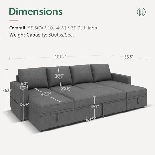 Image of HONBAY Modular Sectional Sleeper Sofa Bed, Sectional Couch with Pull Out Bed U Shaped Modular Couch with Storage Ottoman for Living Room, Dark Grey
