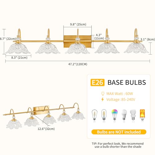 Image of Gold Bathroom Vanity Light, 5-Light Brushed Gold Finish Vanity Light with Floral Clear Glass Shades, Vintage Wall Mount Lighting for Bathroom, Dressing Table