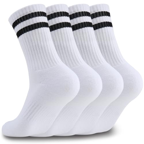 Airpal 4 Pairs Athletic Socks Cotton Cushioned Striped Crew Socks Sports Running Socks for Men Women Teens (X-Large, White+Black Stripe)