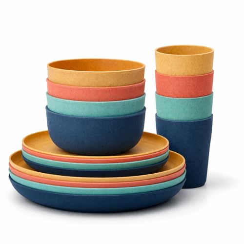 Image of Wheat Straw Dinner Set (16 Pieces) | Eco-Friendly Plates, Bowls & Glasses Set | Lightweight, Unbreakable, BPA-Free Tableware | Reusable Dining Set for Home, Kids & Travel