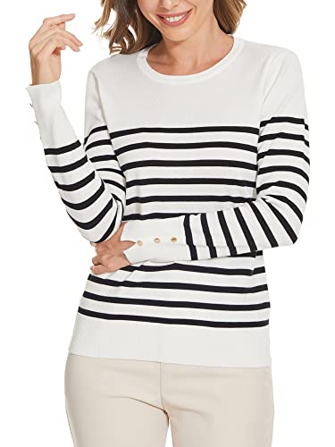 Image of Sweaters for Women Striped Crew Neck Pullover Sweater Lightweight Long Sleeve Fall Knit Tops