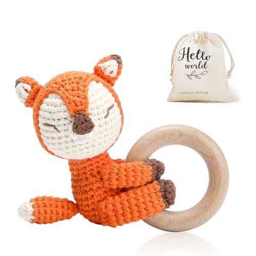 Image of WOODEN TEETHER Crochet Baby Rattle, Crochet Baby Toys, Organic Wooden Newborn Toys, Newborn Animal Rattle Toys，Knitted Stuffed Animals Gifts for Baby, Orange Fox
