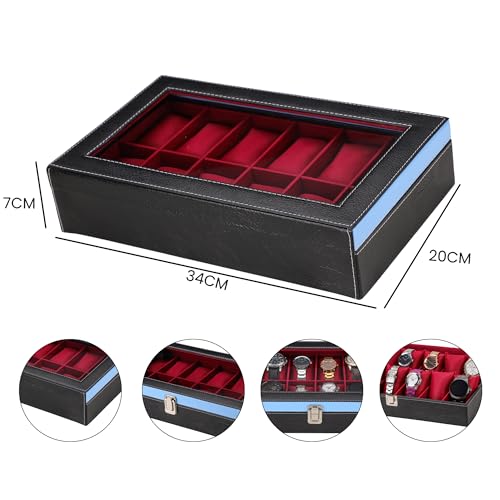 Image of ZENWOOD Black and Red Unisex 12 Slots Watch Box Organizer PU Leather Watches Display Case Storage Box