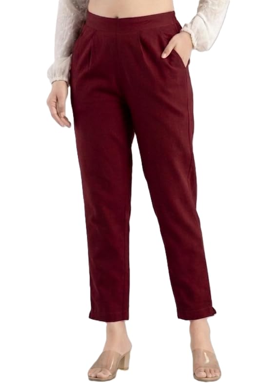 Image of Solid Cotton Woman Trousers Pants Regular Fit Kurti Pant with Drawstring Daily Office Formal Casual Use