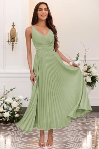 Women's V Neck Pleated Satin Bridesmaid Dresses Long Maxi Formal Evening Dress VS2193