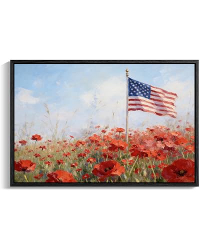 Image of American Flag Framed Canvas Wall Art, 4th of July Floral Canvas Prints, Wildflower Landscape Patriotic Decorations, Vintage Rustic Independence Day Wall Decor for Bedroom Living Room Office 12x16