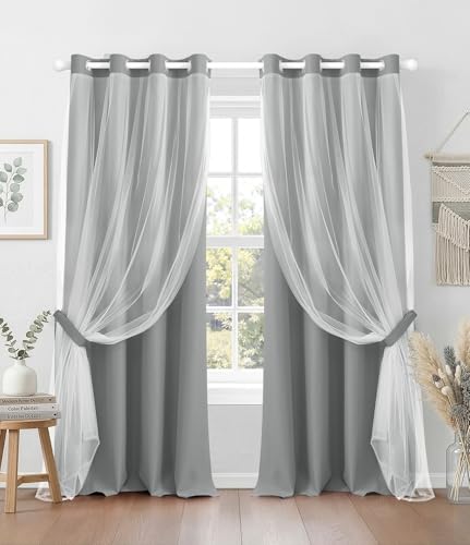 Image of 100% Blackout Sheer Curtains for Bedroom, Grey, 52 x 120 inch, 2 Panels | For Living Room Window, Room Darkening, Thermal Insulated, Grommet Top, Summer Heat Blocking, Double Layer Design