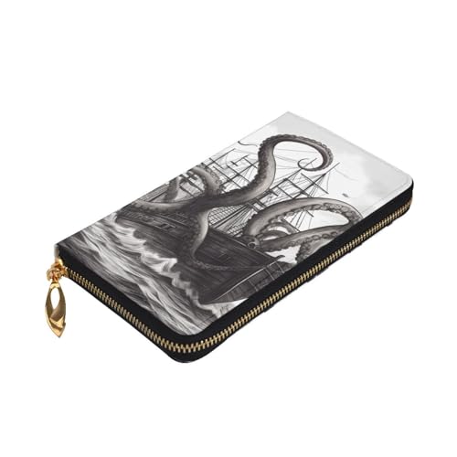 Black and White Octopus and Ship Wallet for Men Women Long Purse Leather Clutch Large Business Handbag Travel Phone Holder Credit Card Holder Money Case with Zipper Leather Wallets Gift3