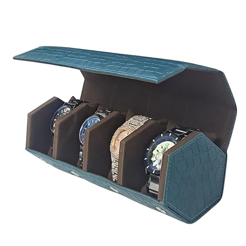 Image of essart 4 Slot Watch Roll Case - Croco Green PU Leather Travel Watch Organizer with Velvet Lining for Men & Women Premium Croco Green Faux Leather Watch Organizer