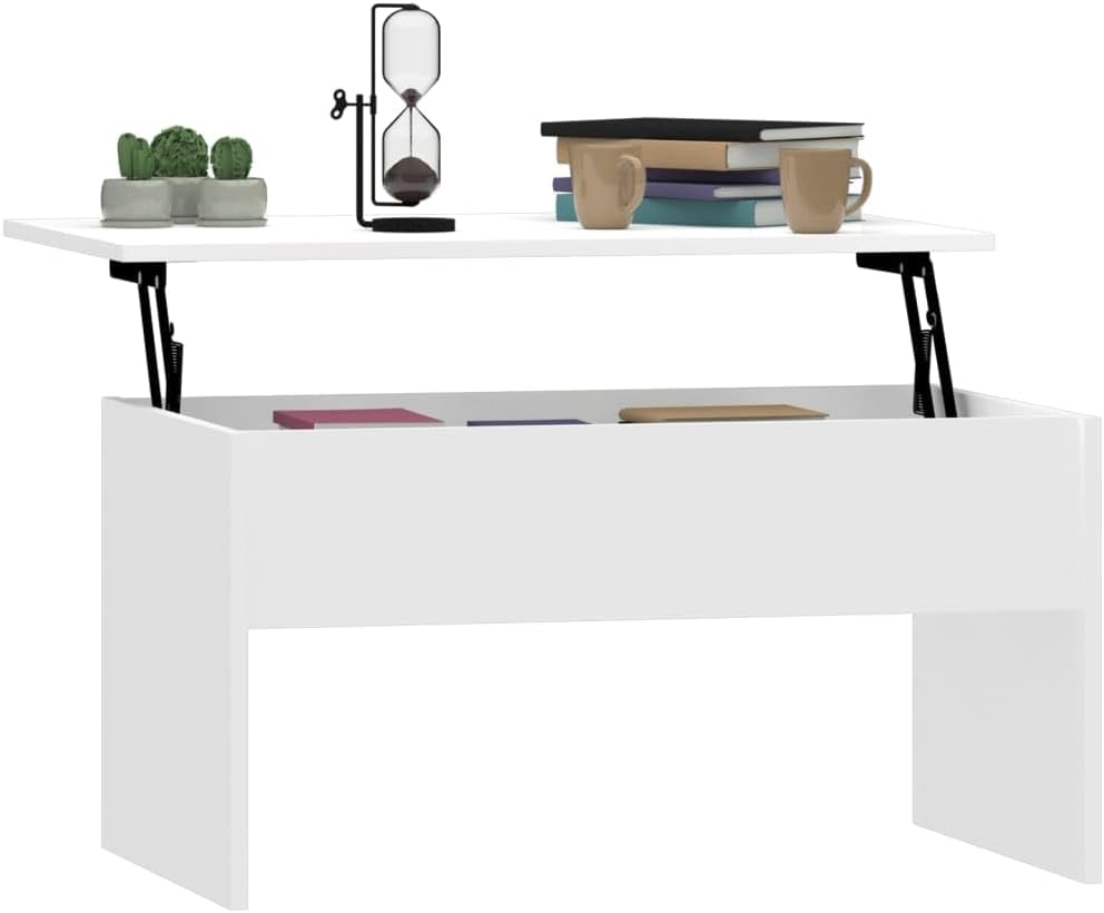 vidaXL Coffee Table, Lift Top End Table with Hidden Compartment, Accent Sofa Table for Living Room, Modern Style, High Gloss White Engineered Wood