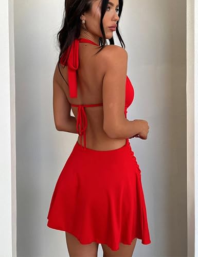 Image of BEAGIMEG Women's Sexy Sleeveless Halter Backless Deep V Party Cocktail Club Mini Dress
