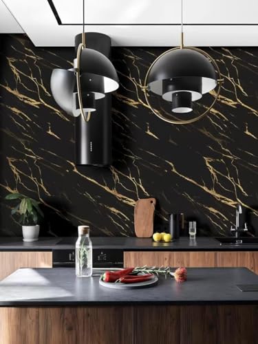Image of Black Marble Self Adhesive Wallpaper, Gold Vein Design, Peel and Stick Vinyl Contact Paper for Kitchen Countertop, Cabinet & Wall Covering (60 x 200 cm)
