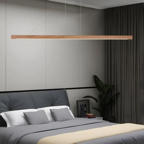 Lustre linéaire en bois suspendu LED variable avec télécommande pour salle à manger
