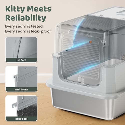 Image of Stainless Steel Litter Box with Lid - XL Enclosed Litter Box for Cats with Collecting Mat - 4 Way Setup Fully Closed, Semi Low, High & Open Kitty Boxes, Leak Proof Metal LitterBox (Light Gray)