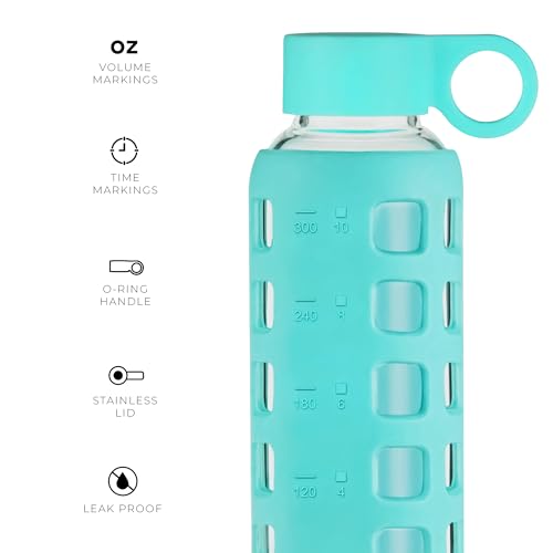 purifyou 40/32/22/12 oz Glass Water Bottles, Reusable with Time & Volume Markings, Non-Slip Silicone Sleeve, Stainless Steel Lid, for Water, Milk & Juice (12oz OceanMist)