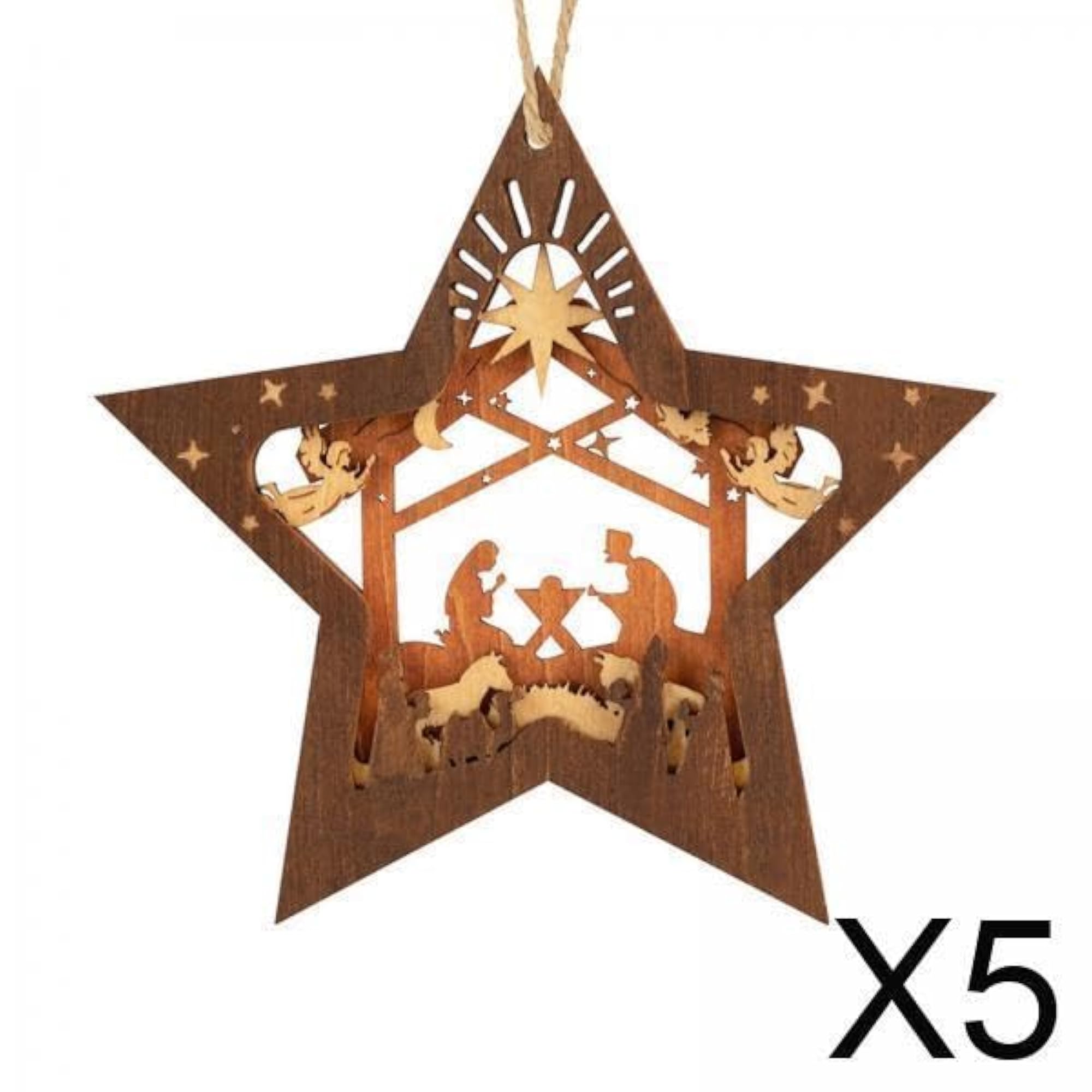 5x Christmas Nativity Scene Ornaments, Rustic Wooden