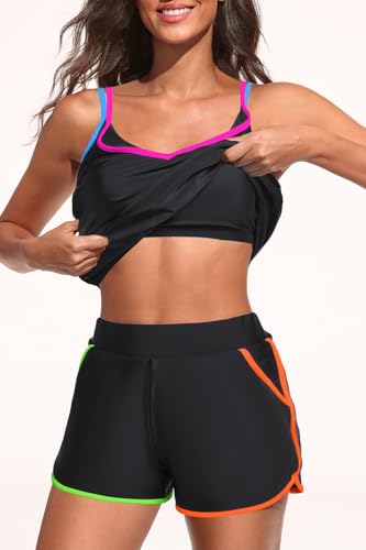 Image of Holipick Blouson Tankini Swimsuits for Women - Two Piece Tummy Control Bathing Suit with Shorts Modest Swimwear