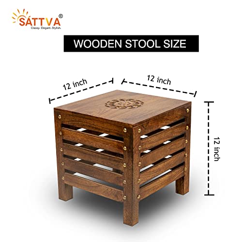 Image of SATTVA Wooden Stool Set of 2 for Living Room & Bedroom | Handmade Solid Mango Wood Stools with Antique Finish | Multipurpose Footstool, Side Table, Plant Stand, Small Sitting Chair & Home - Brown