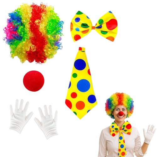 CARxlythic Kit de disfarce de palhaço, 5 peças acessórios de fantasia de palhaço, peluque, nariz de palhaço, luvas, gravata, passarinho, fantasia palhaço menina, de carnaval para mulheres e homens