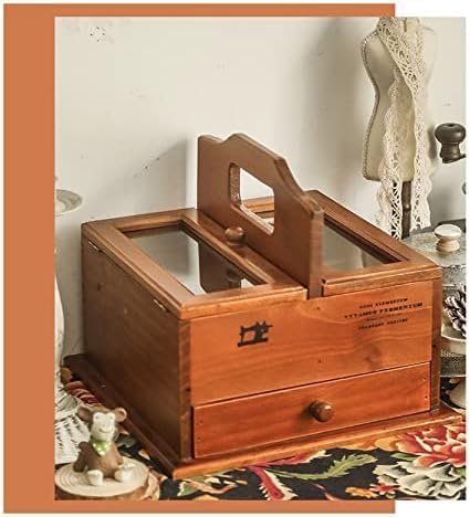 Nihig裁縫箱, ソーイングキット、レトロな木製ソーイングバスケット、ポータブルソーイングボックス、引き出しタイプのデスクトップ収