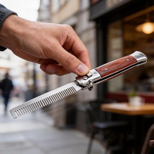 Professional Folding Razor Comb with Automatic Button | Fast One-Hand for Hair Cutting & Styling | Portable for Barber Travel & Personal Grooming | Wood Grain Style