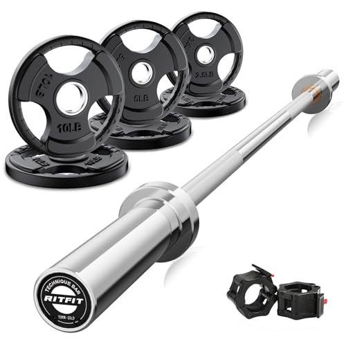 RitFit Barbell Weight Set - 4/6FT Olympic Barbell with Weight Plates (55-115LB Total) - Weightlifting Equipment for Squats Curls Deadlifts Presses Hip Thrusts 4FT Silver Bar with 35LB Plates