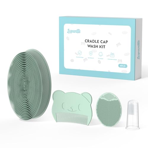 Image of Lupantte Baby Care Set of Baby Essentials for Dry Skin, Cradle Cap and Eczema, Includes Silicone Cap Cradle Brush, Scalp Brush, Silicone Shower Brush, Baby Finger Toothbrush, Newborn Essentials, Green