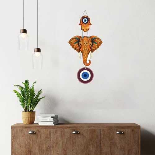 Image of GiftOday Designer Elephant Wooden Wall Hanging for Home Decor | Hamsa Hand Decoration for Livingroom | Modern Artworks Items | Peace Charm Door Accent Decorative Hangings (Design 2)