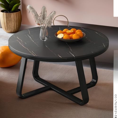 Image of Round Center Table for Living Room with Stylish & Modern Design: Elegant Gold Metal Coffee Table with Engineered Wood Top and Golden Iron Frame for Modern Dcor(Full Black)