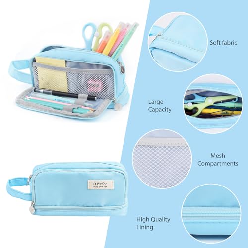 Image of Large Capacity Pencil Case, Pen Bag, Stationery Storage Kit, Multiple Compartments, Office Travel Pouch, Arts and Crafts Supplies Organizer (LIGHT BLUE)