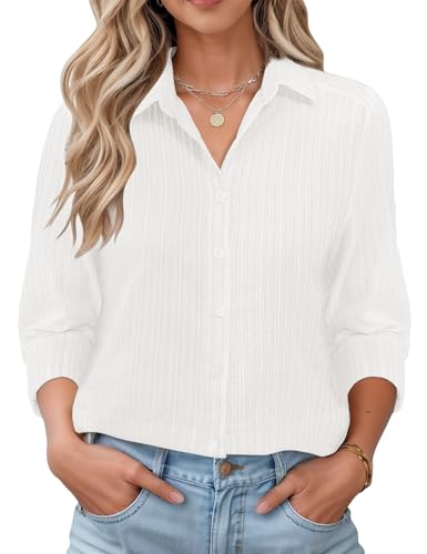 LOMON Long Sleeve Linen Shirt Women V Neck Cotton Button Down Tunic Camp Shirts Plus Size White Stripes L