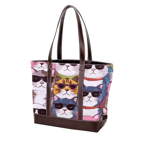 Sac fourre-tout en toile pour femme avec fermeture éclair imprimé chat coloré