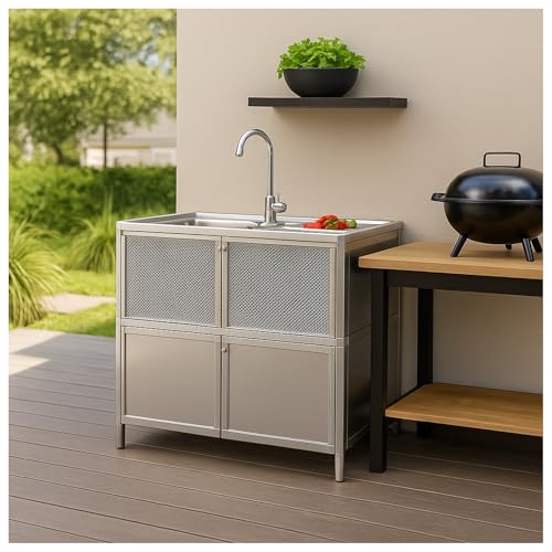 HTI Living Spüle mit Abtropfläche und Unterschrank für Outdoorküche aus Aluminium Silber für Garten und Camping mit Edelstahl-Armatur 83 cm