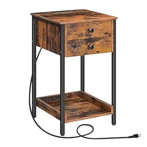HOOBRO Nightstand with Charging Station Tall End Table with Storage Drawer Small Side Table for Small Space 262 Telephone Entryway Table for Bedroom Hallway Rustic Brown and Black BF72UBZ01