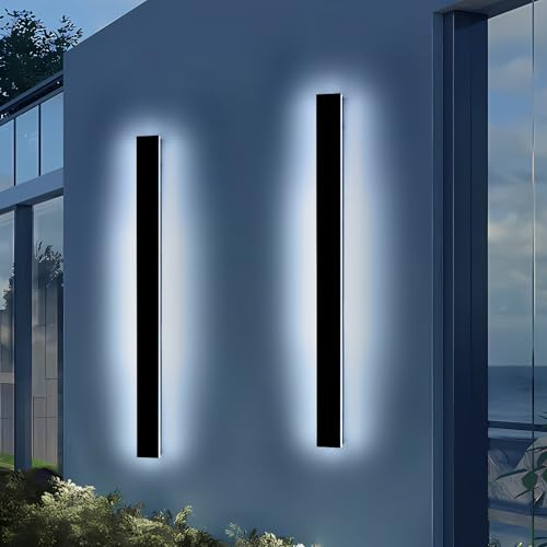 Image of 2 Pack 57inch Modern Outdoor Wall Lights, Long Strip Exterior LED Wall Sconce, 6000K Cold White, IP65 Waterproof, 50W, Black Outside Lighting Fixture for Porch, Garden, Fence, Balcony