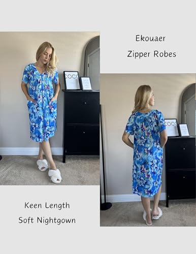 Image of Ekouaer Women Robe Zipper Front Mumu Duster Robes Zip Up Housecoat Soft Sleepwear with Pockets