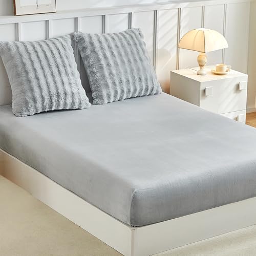 Tokokimo Drap Flanelle 2 Personnes, Drap Housse 160x200 avec 2 Taie d'oreiller 65x65 en Polaire - Toucher Cachemire - Super Doux et Moelleux pour Matelas Épais jusqu'à 30-35 cm, Peluche Gris