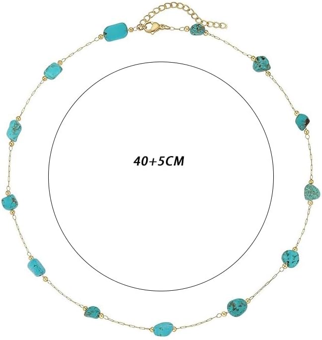 Beaded Strand Necklace for Women, Gold Plated Chain Boho Turquoise Dainty Necklace, Stainless Steel Jewelry for Daily Wear & Gift