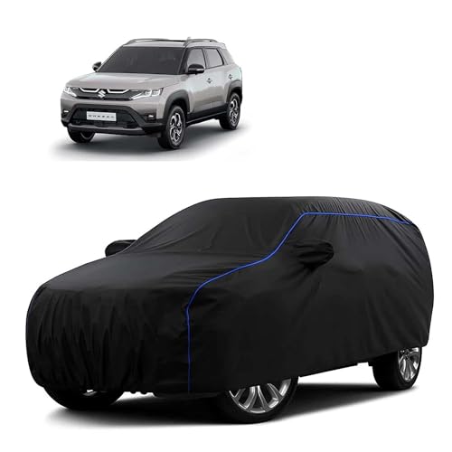 Image of Sulfar 100% Water Resistant Car Body Cover Compatible with Mirror for Maruti Suzuki Breeza (Triple Stitched, Full Bottom Elastic, Black Tafetta with Blue Piping)